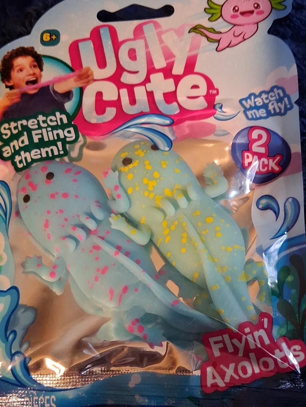 Flyin' Axolots 2-Pack Stretchy Kids Toy - Light Blue with Pink & Yellow Spots